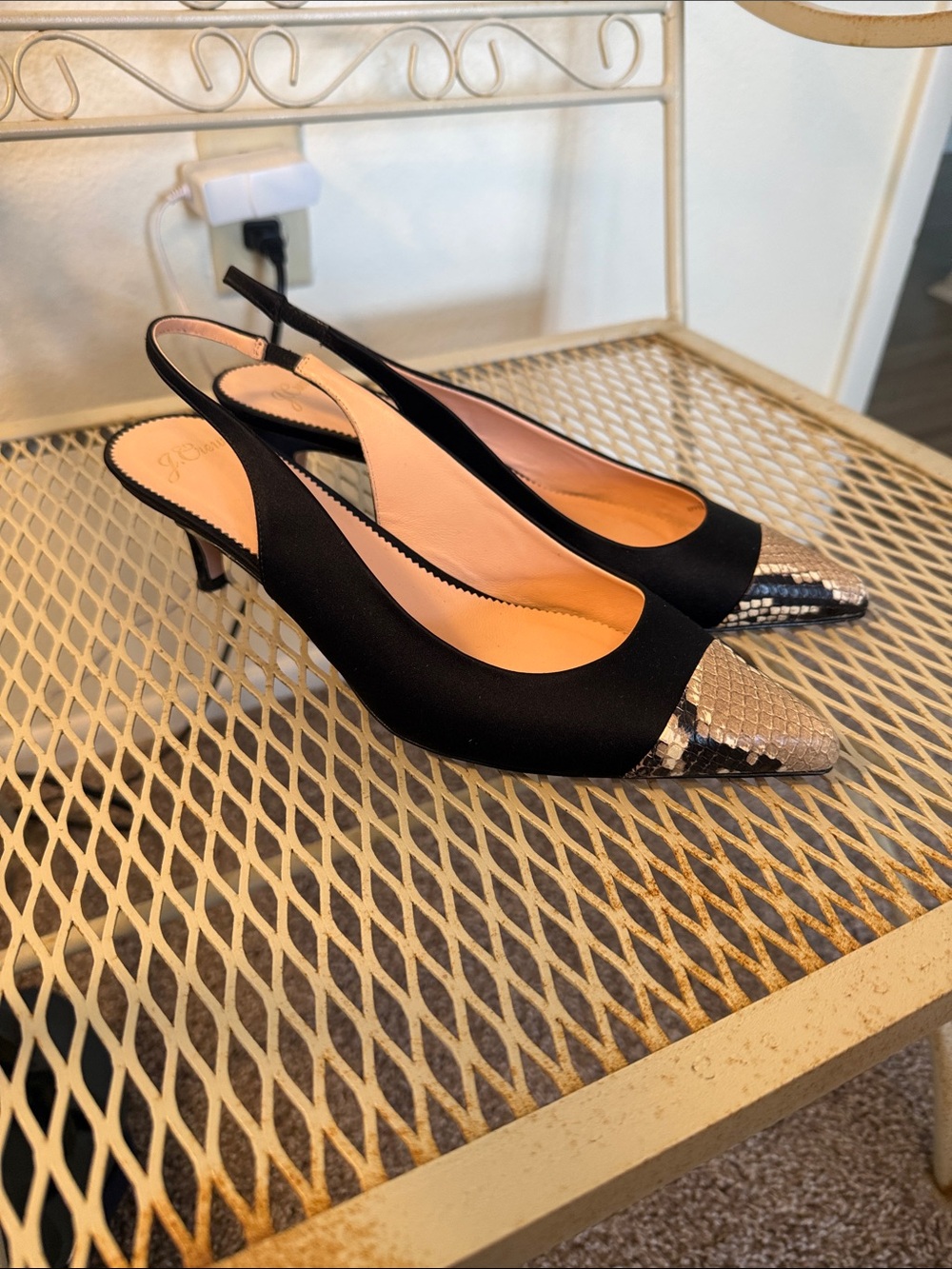 J. Crew Black Slingback Heels with Metallic Snake-Print Toe
